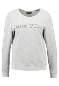 Sudadera gris de algodón, con mangas largas y cuello redondo. En el frente tiene impreso "Marc O’Polo" en negro. Con puños y dobladillo acanalados.