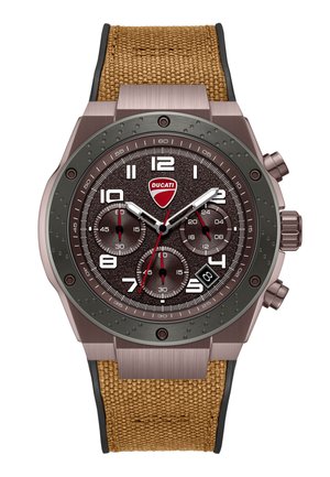 Zegarek chronograf z brązową teksturowaną tarczą, białymi cyframi, czerwoną wskazówką sekundową, trzema subtarczami, okienkiem daty na godzinie 4 oraz beżowym paskiem materiałowym.