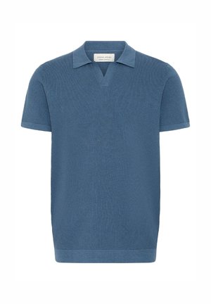 Modra pletena polo majica s kratkimi rokavi, teksturirano tkanino, odprtim ovratnikom in ravnim robom.