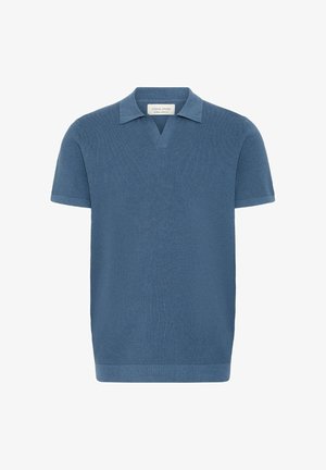 Blauw poloshirt met korte mouwen van gebreide stof met textuur, een open kraag en een rechte zoom.