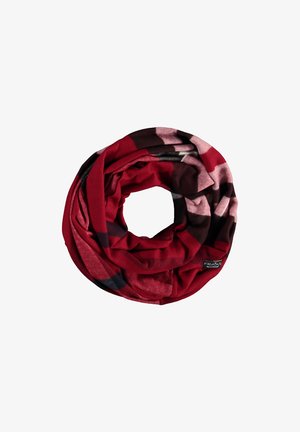 Écharpe infini à motifs rouges et noirs en tissu doux, présentant un mélange de formes solides et abstraites, avec une texture lisse.