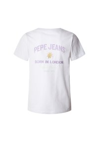 Bílý bavlněný tričko s nápisem "PEPE JEANS" v levandulové barvě, "BORN IN LONDON" v fialové barvě, se zlatým grafickým sluncem a zeleným textem pod ním.