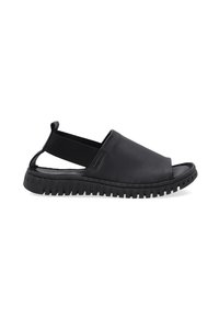 Zwarte leren instapsandalen met een elastische band, open hiel en een gestructureerde rubberen zool met een dikke loopvlak voor grip.