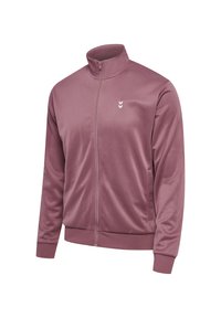 Tæt siddende zip-jakke i blødt mauve stof med høj krave, lange ærmer og et lille hvidt logo på venstre bryst.