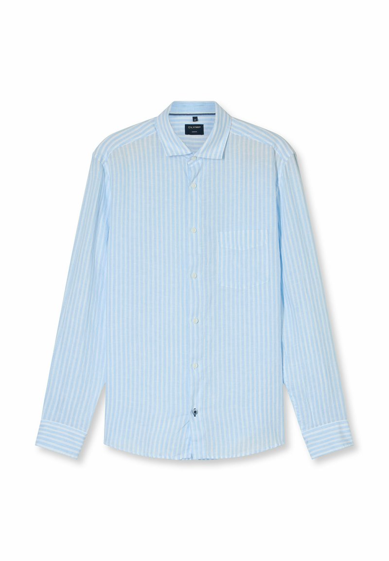 Camicia a maniche lunghe azzurro chiaro con strisce verticali bianche, abbottonatura frontale, taschino singolo sul petto e colletto. Realizzata in tessuto traspirante.