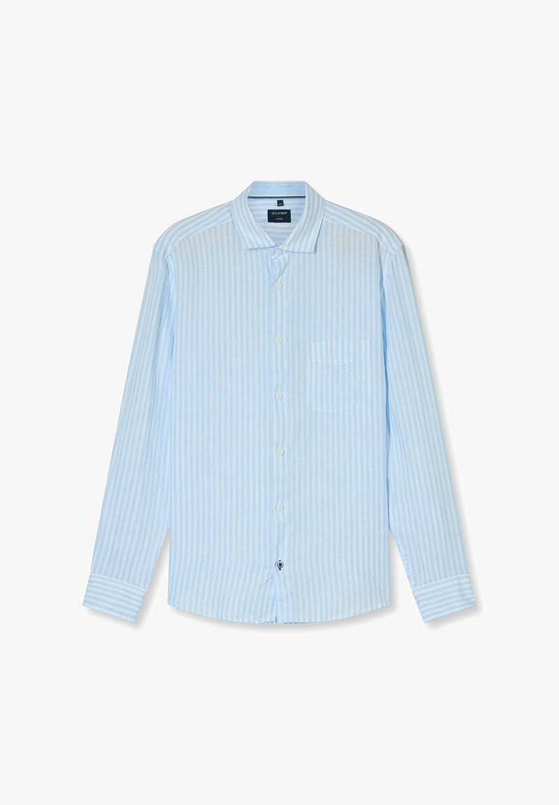 Camicia a maniche lunghe azzurro chiaro con strisce verticali bianche, abbottonatura frontale, taschino singolo sul petto e colletto. Realizzata in tessuto traspirante.