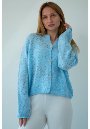 Jasnoniebieski sweter z dzianiny z guzikiem z przodu, z otwartym splotem i ściągaczami przy mankietach. Miękka tekstura, luźny krój i długość średnia.