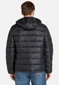 En person står med ryggen mot kameran, klädd i en svart vadderad jacka med huva, tillsammans med blå jeans.