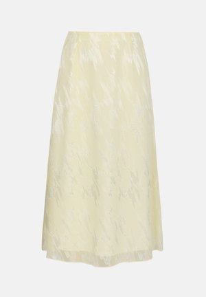 Φούστα μίντι απαλού κίτρινου χρώματος με διακριτικό λαμπερό λουλουδάτο ζακάρ μοτίβο και γραμμή Α.