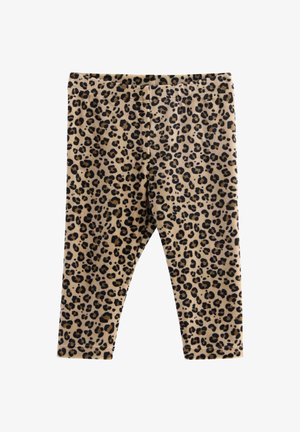 Lys og brun leopardprint leggings, der har et blødt, strækbart stof og en elastisk talje for komfort.