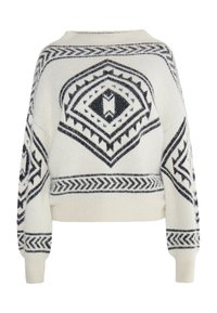 Maglione bianco con motivi geometrici neri, caratterizzato da un collo rotondo e maniche lunghe. Il design include audaci forme a diamante e accenti a zigzag.