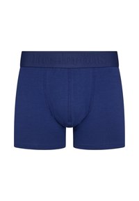 Navy blue boxer briefs made of soft cotton with an elastic waistband featuring the embossed brand name "Resteröds." Smooth texture, fitted shape.