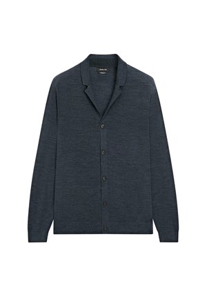 Cardigan a maniche lunghe color grigio scuro con bottoni e colletto a revers, realizzato in tessuto a maglia fine.