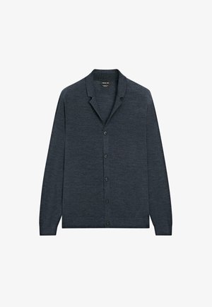 Cardigan a maniche lunghe color grigio scuro con bottoni e colletto a revers, realizzato in tessuto a maglia fine.