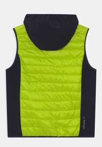Chalecos con un frente acolchado de color verde brillante y laterales azul marino, con capucha y un detalle de logo en dorado en el dobladillo. Material texturizado.