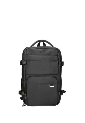Black rectangular backpack with multiple zippered compartments, side buckle straps, and a top handle for carrying.