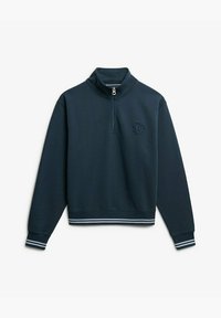 Sweat-shirt zippé marine avec un col montant, présentant des poignets et un ourlet côtelés avec des rayures blanches, et un logo brodé sur la poitrine.