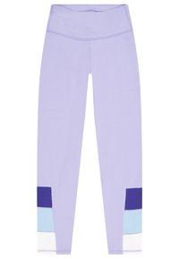Leggings lavanda con vita alta. Presentano dettagli in colore blocco in navy, azzurro chiaro e bianco nella parte bassa delle gambe. Tessuto morbido e elastico.