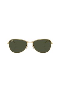 Occhiali da sole Ray-Ban con montatura in metallo dorato, lenti verdi e forma a goccia. Caratteristiche includono supporti nasali trasparenti e stanghette sottili.