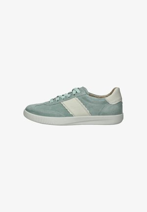 Light blue suede sneakers with white accents, textured sides, and a rounded toe. Features flat laces and a rubber sole.