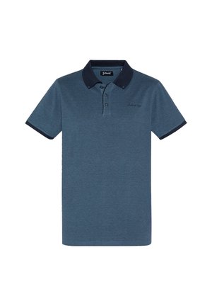 Navy blue polo shirt in a textured fabric with a contrasting collar and cuffs. Features three buttons and subtle logo detail on the chest.