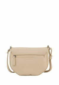 Borsa a tracolla beige realizzata in materiale sintetico testurizzato, dotata di una tasca con zip frontale, di una tracolla removibile e di bordi arrotondati.