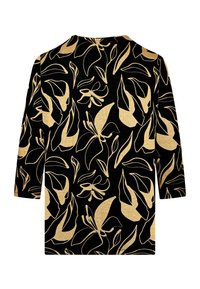 Schwarzes Oberteil mit Dreiviertelärmeln, das ein goldenes Blumenmuster aufweist, eine glatte Textur und einen runden Ausschnitt hat. Einfaches und modernes Design.
