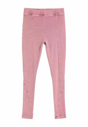 Pink gerippte Leggings mit sichtbaren Nahtlinien, mit tailliertem Bund und langen Beinen auf weißem Hintergrund.