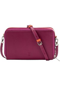 Purple leather crossbody bag featuring a zippered closure, adjustable strap, and orange accents. Smooth texture with a rectangular shape.