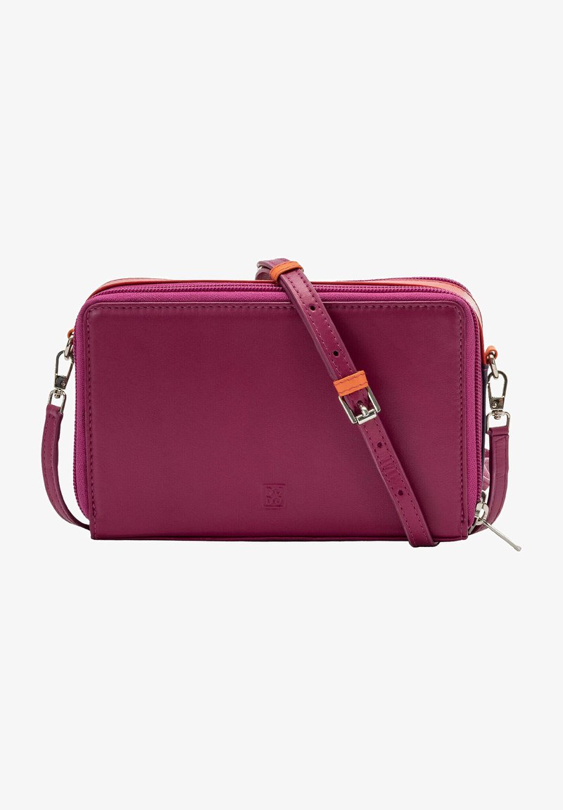 Purple leather crossbody bag featuring a zippered closure, adjustable strap, and orange accents. Smooth texture with a rectangular shape.