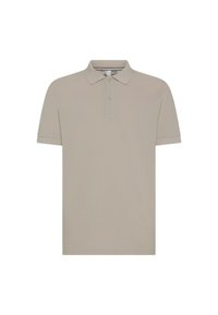 Polo beige realizzato in cotone traspirante, con colletto, maniche corte e un logo discreto sul petto.