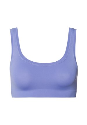 Jasnofioletowy, gładki biustonosz bez fiszbin z szerokimi ramiączkami i okrągłym dekoltem. Wykonany z elastycznej tkaniny, charakteryzuje się gładką strukturą i minimalną ilością szwów.