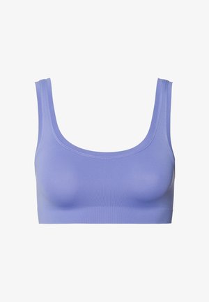 Jasnofioletowy, gładki biustonosz bez fiszbin z szerokimi ramiączkami i okrągłym dekoltem. Wykonany z elastycznej tkaniny, charakteryzuje się gładką strukturą i minimalną ilością szwów.