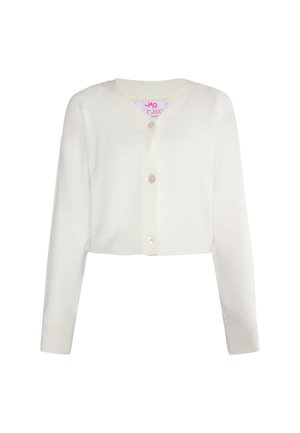 Cardigan bianco corto realizzato in morbido materiale a maglia, con maniche lunghe, scollo a V e tre bottoni sulla parte anteriore.