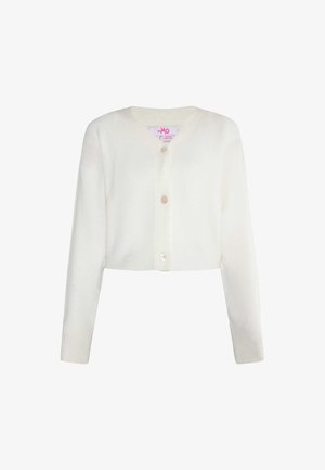 Cardigan bianco corto realizzato in morbido materiale a maglia, con maniche lunghe, scollo a V e tre bottoni sulla parte anteriore.