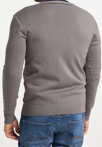Maglione grigio a maglia con scollatura a girocollo e polsini a coste, indossato sopra jeans blu con cuciture decorative sulle tasche posteriori.