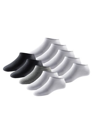 Dix paires de chaussettes arrivant à la cheville en noir, gris et blanc, fabriquées dans un matériau doux et extensible avec une texture lisse et des poignets élastiques.