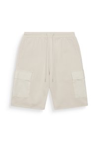 Pantalones cortos cargo beige hechos de un tejido suave, con cintura elástica, cordones y dos bolsillos laterales. Presenta dos grandes bolsillos cargo a los lados.