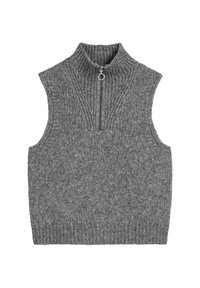 Ärmelloser grauer Pullover mit hohem Kragen und halbem Reißverschluss. Hergestellt aus strukturiertem Strickstoff, mit Rippendesign und sauberer Verarbeitung.