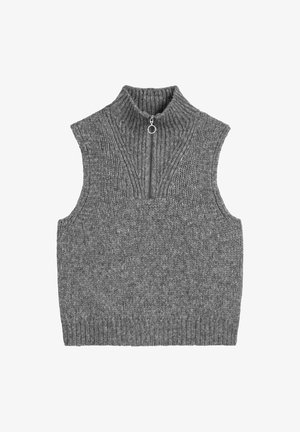 Ärmelloser grauer Pullover mit hohem Kragen und halbem Reißverschluss. Hergestellt aus strukturiertem Strickstoff, mit Rippendesign und sauberer Verarbeitung.