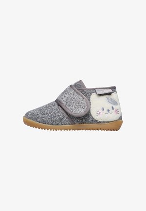 Pantofole glitter grigie con chiusura in velcro, dotate di applicazione a forma di volto di gatto bianco, texture morbida e suola in gomma flessibile.