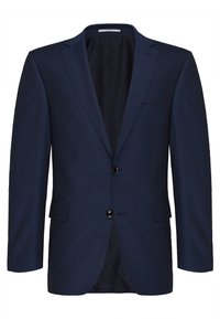 Marineblaues Blazer aus strukturiertem Stoff, mit einer Knopfverschluss, Reverskragen und zwei vorderen Taschen. Das Innenfutter besteht aus Mesh.