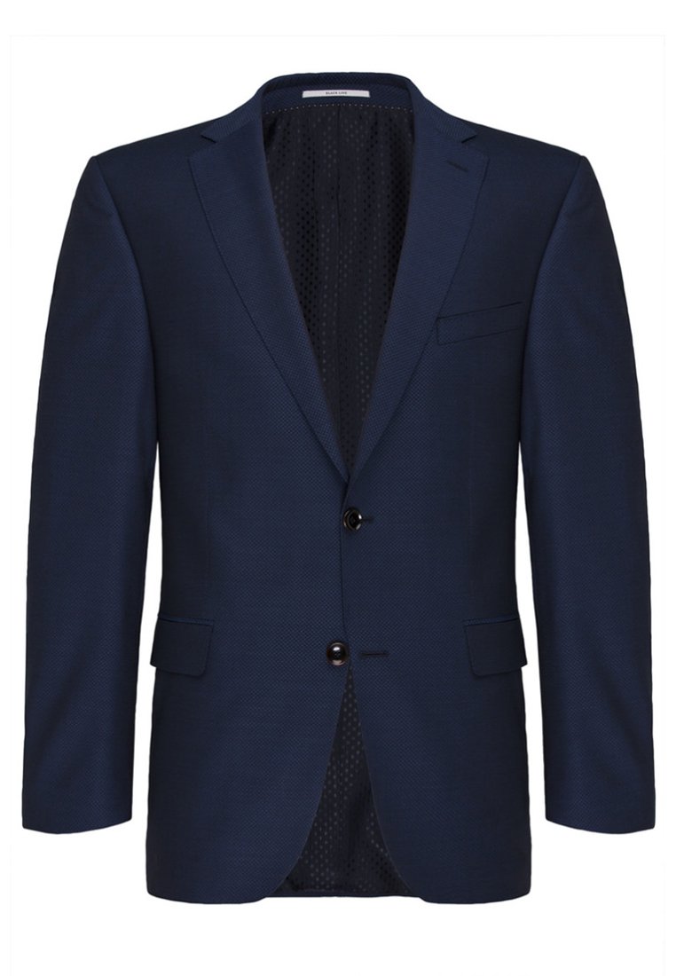 Marineblaues Blazer aus strukturiertem Stoff, mit einer Knopfverschluss, Reverskragen und zwei vorderen Taschen. Das Innenfutter besteht aus Mesh.