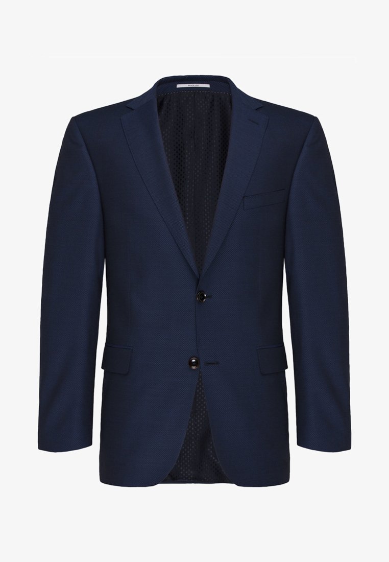 Marineblaues Blazer aus strukturiertem Stoff, mit einer Knopfverschluss, Reverskragen und zwei vorderen Taschen. Das Innenfutter besteht aus Mesh.