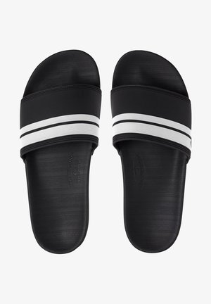 Infradito neri in materiale sintetico, con due strisce orizzontali bianche e una suola testurizzata. Logo impresso sulla soletta.