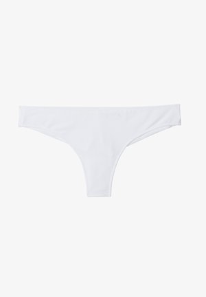 White thong underwear with a smooth texture, minimal coverage, and elastic waistband, featuring clean stitching and no visible patterns.