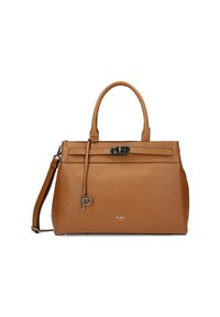 Brown leather handbag with a textured finish, dual handles, detachable shoulder strap, and a flap with a metallic clasp and accent.