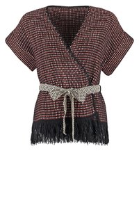 Mönstrad wrap-top med korta ärmar, med en svart och röd vävd design, franskant och ett kontrasterande mönstrat bälte.