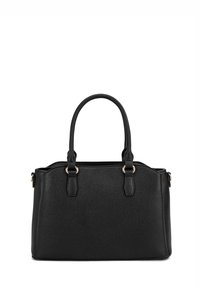 Borsa a tracolla in pelle nera con superficie texture, doppio manico superiore e finiture in oro rosa. Presenta una forma rettangolare con chiusura a zip.