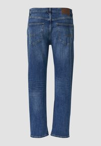 Jeansy dżinsowe w ciemnym odcieniu niebieskiego z prostą nogawką. Posiadają dwie tylne kieszenie, subtelne detale przeszyć oraz brązową skórzaną naszywkę na pasku.
